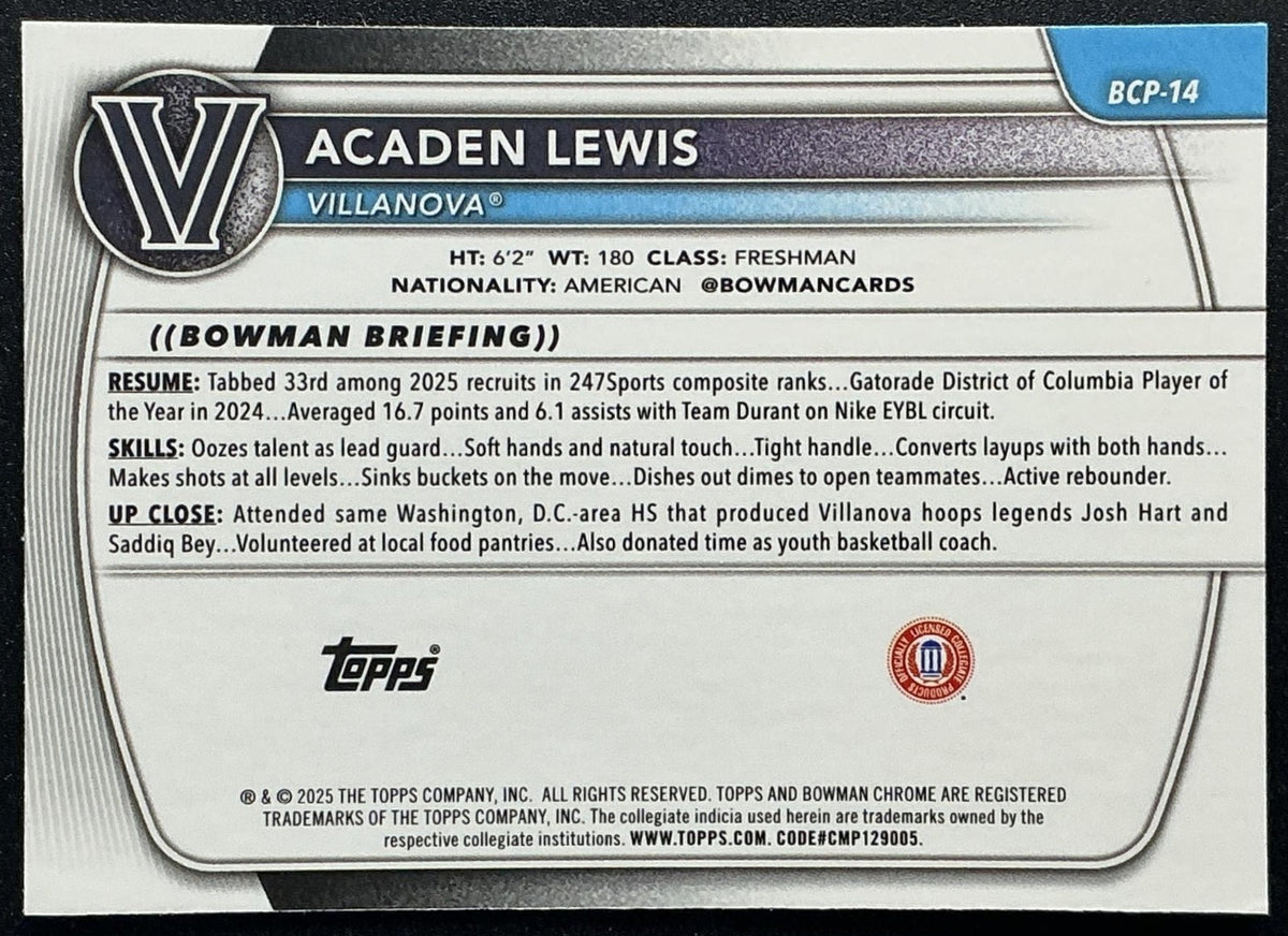2025 Bowman Acaden Lewis #BCP-14 Chrome Reptilian Refractor 1st Prospect