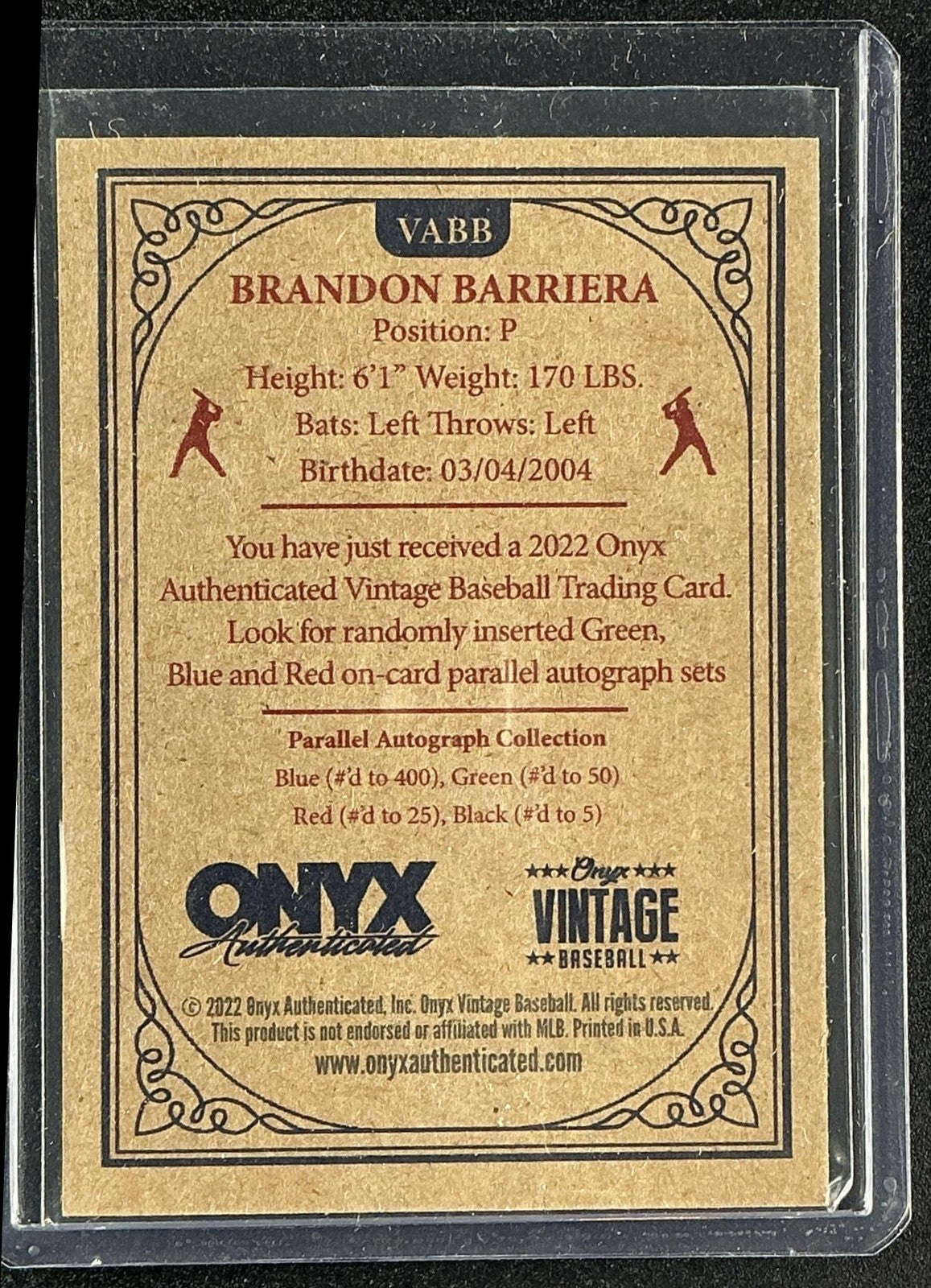 BRANDON BARRIERA 2022 ONYX VINTAGE EXTENDED #VABB BLUE SIGNATURES AUTO JAYS