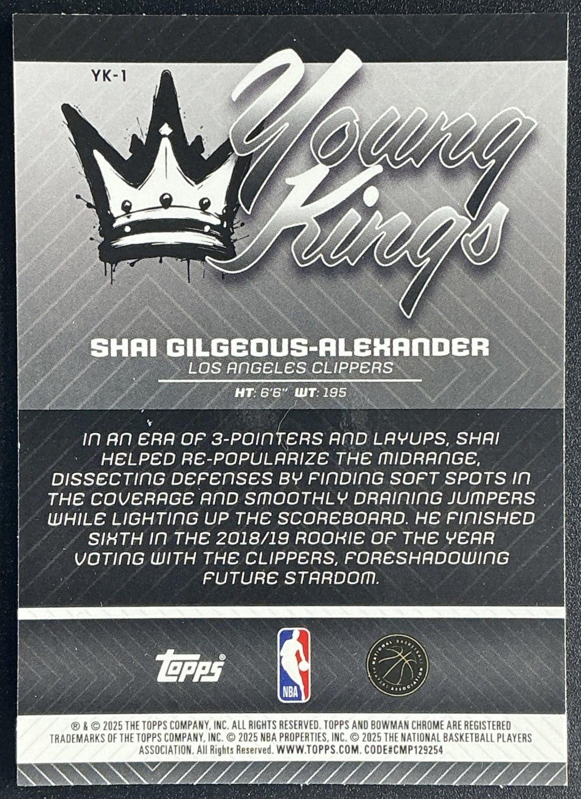 SHAI GILGEOUS-ALEXANDER 2025-26 BOWMAN #YK-1 CHROME YOUNG KINGS CLIPPERS