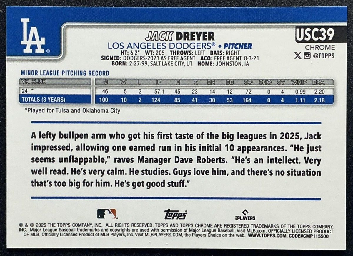 2025 Topps Chrome Update Jack Dreyer #USC39 Green Wave Refractor /99 RC