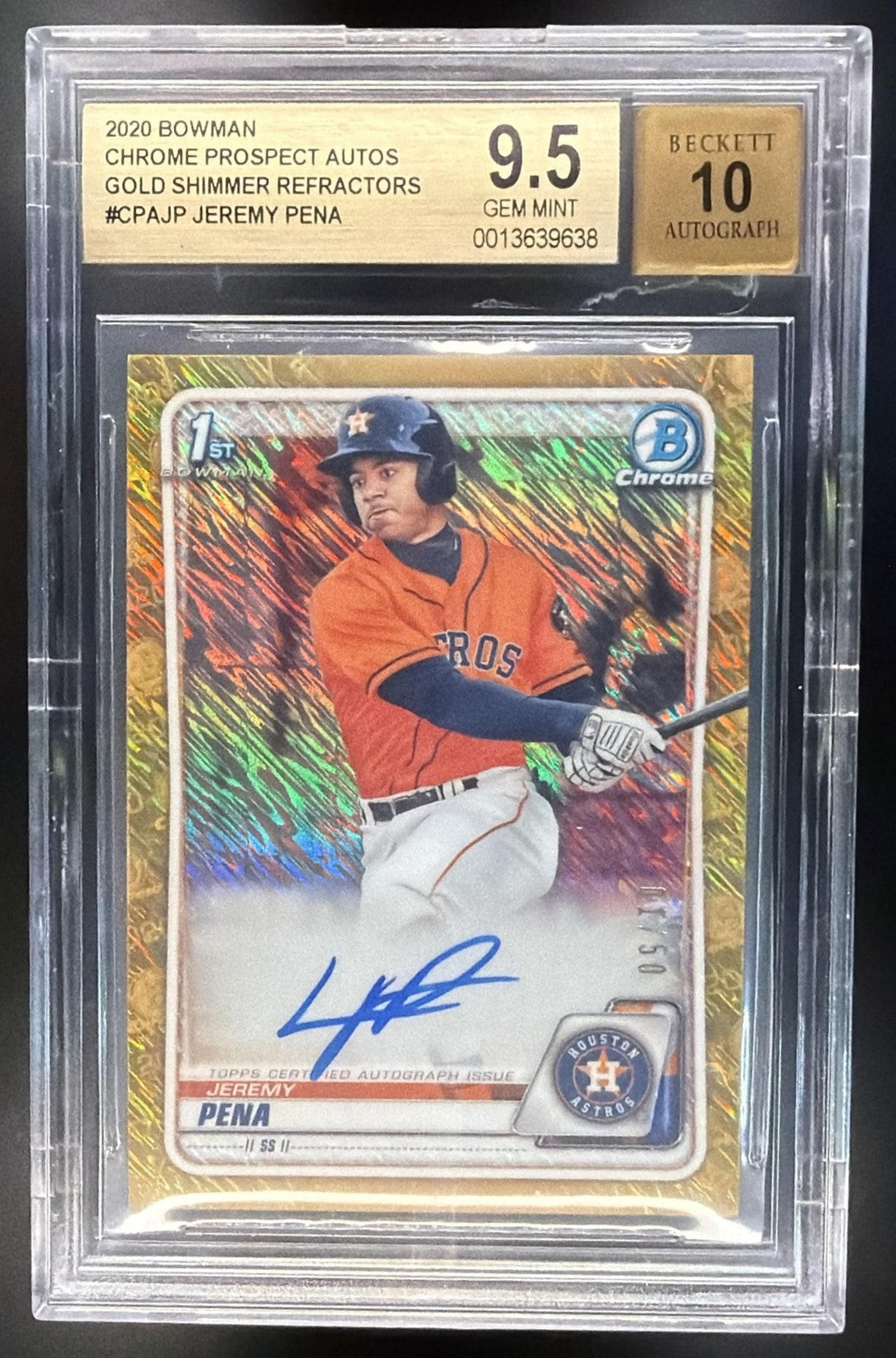 2020 Bowman Jeremy Pena Chrome Prospect 1st Auto Gold Shimmer /50 BGS 9.5