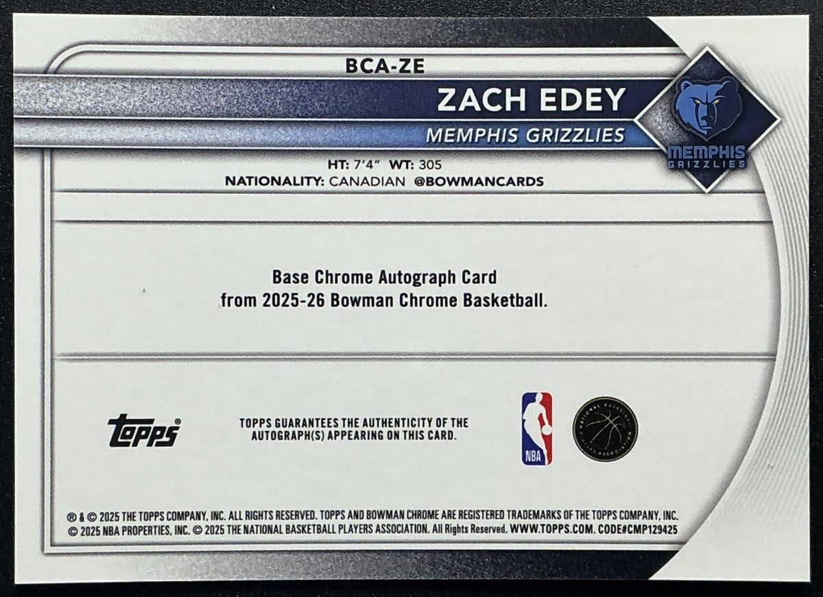 ZACH EDEY 2025-26 BOWMAN #BCA-ZE CHROME AUTO BLUE X-FRACTOR 128/150 GRIZZLIES