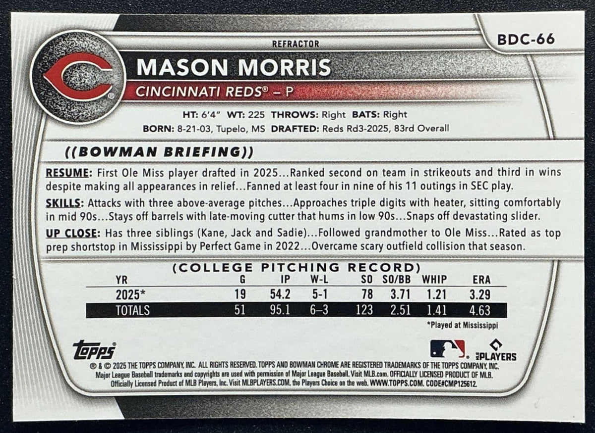 MASON MORRIS 2025 BOWMAN DRAFT #BDC-66 CHROME REFRACTOR 1ST PROSPECT REDS