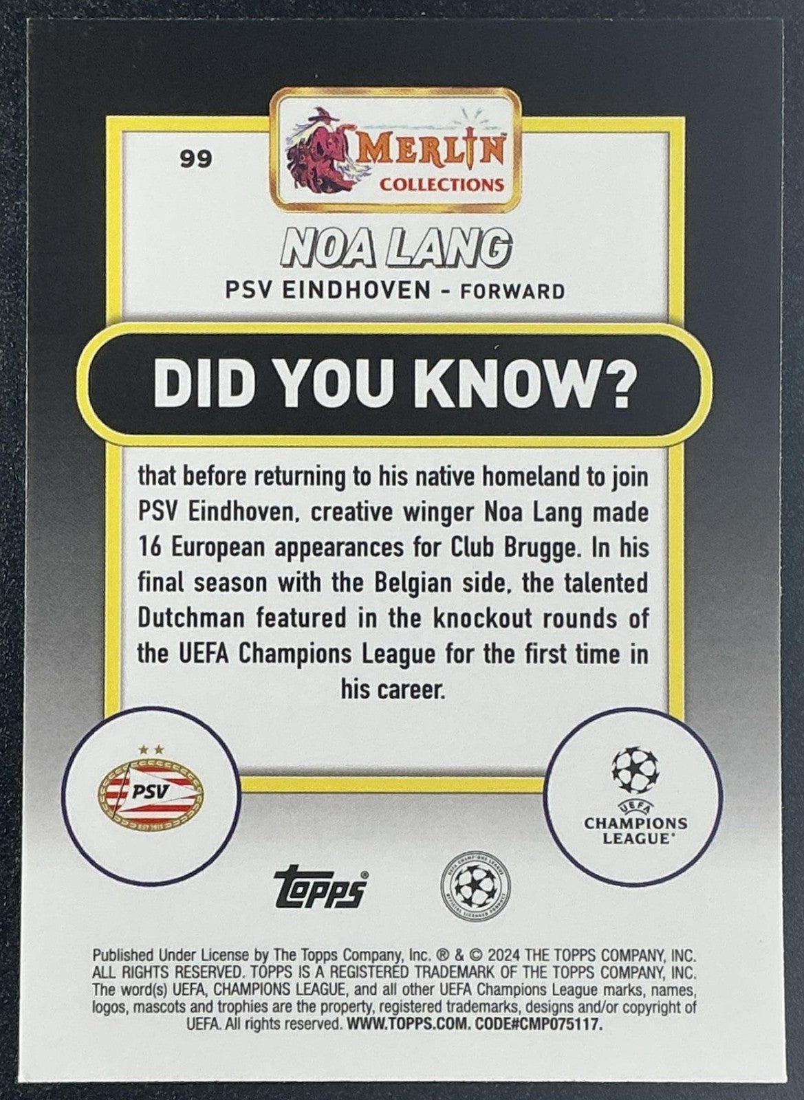 2023 Topps Chrome Merlin UEFA Club Competitions Noa Lang #99 Vintage Refractor