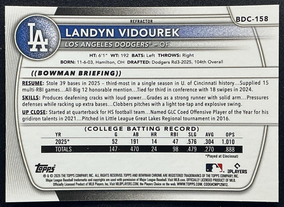 LANDYN VIDOUREK 2025 BOWMAN DRAFT #BDC-158 CHROME REFRACTOR 1ST PROSPECT DODGERS