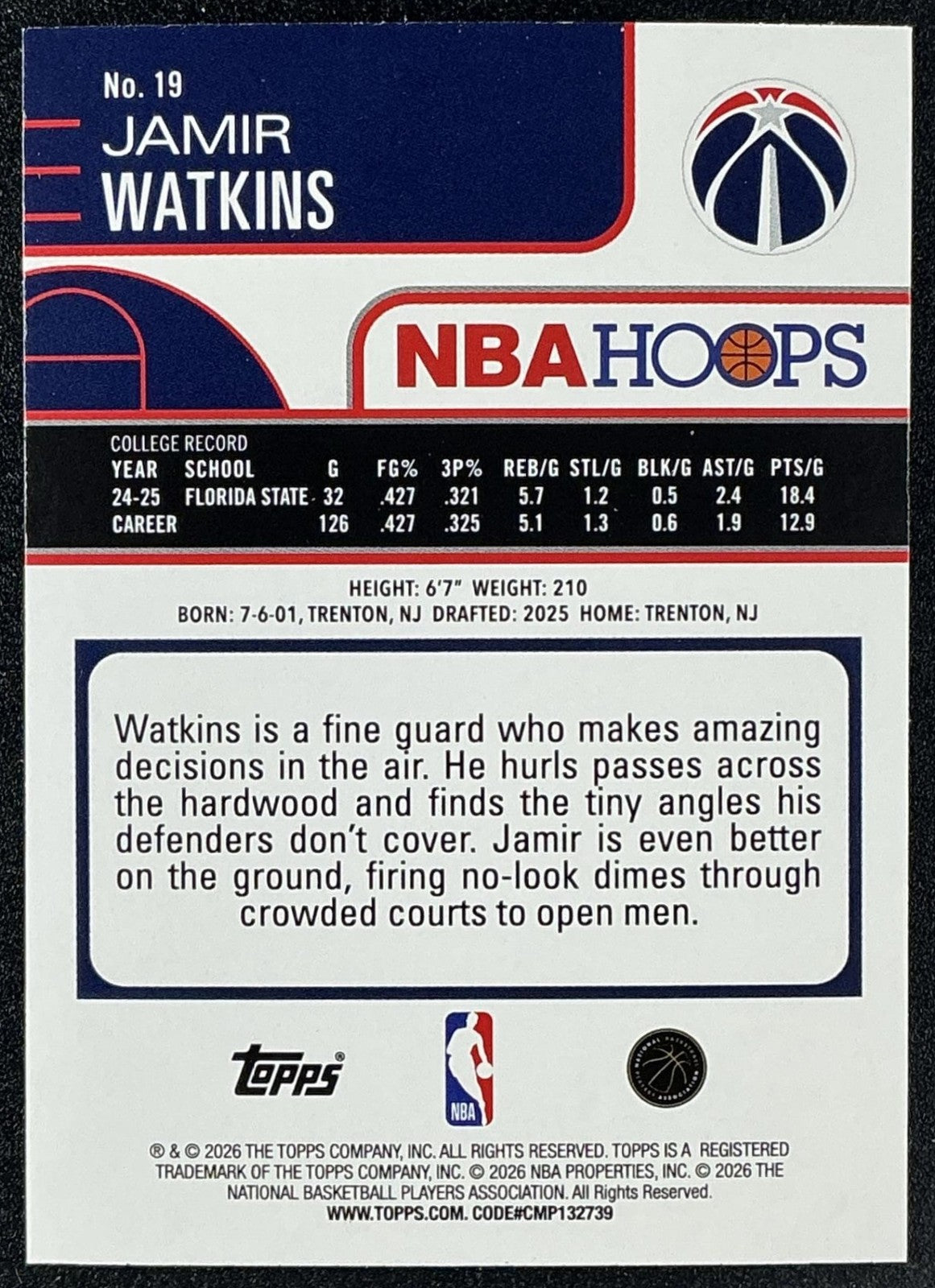 JAMIR WATKINS 2025-26 TOPPS HOOPS #19 RC WIZARDS
