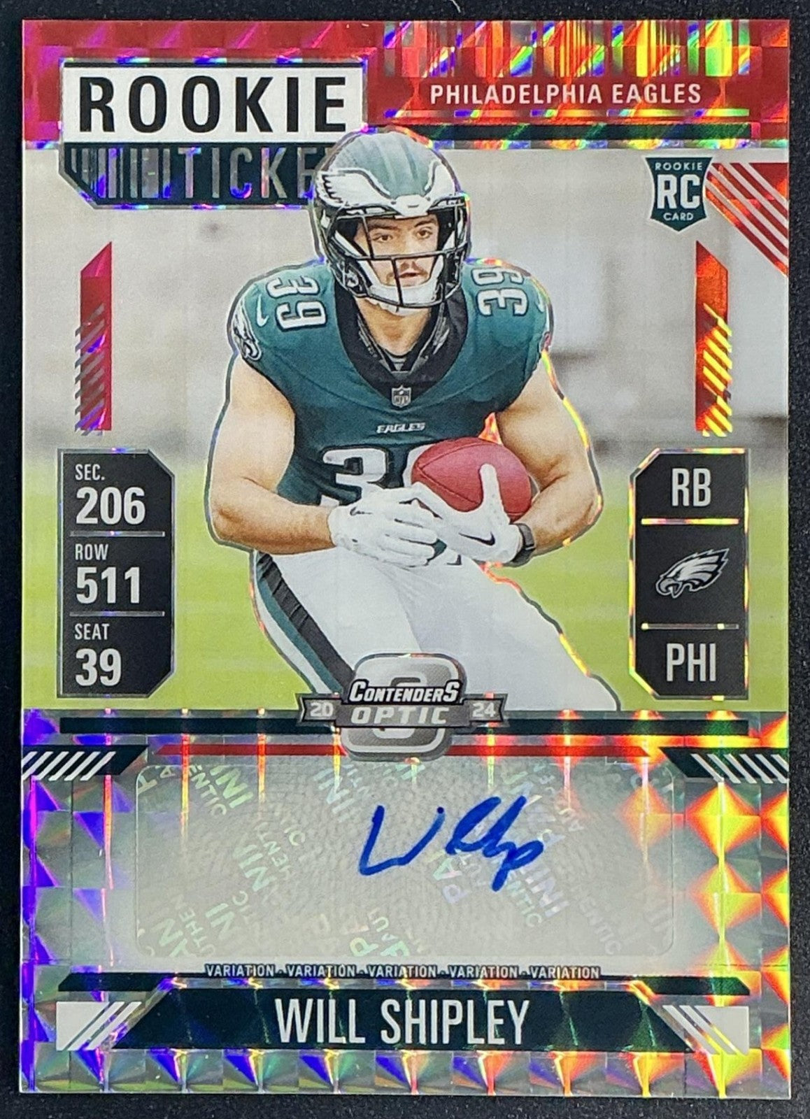 2024 Will Shipley #PRE-WSH Contenders Optic Rookie Ticket /24 Auto