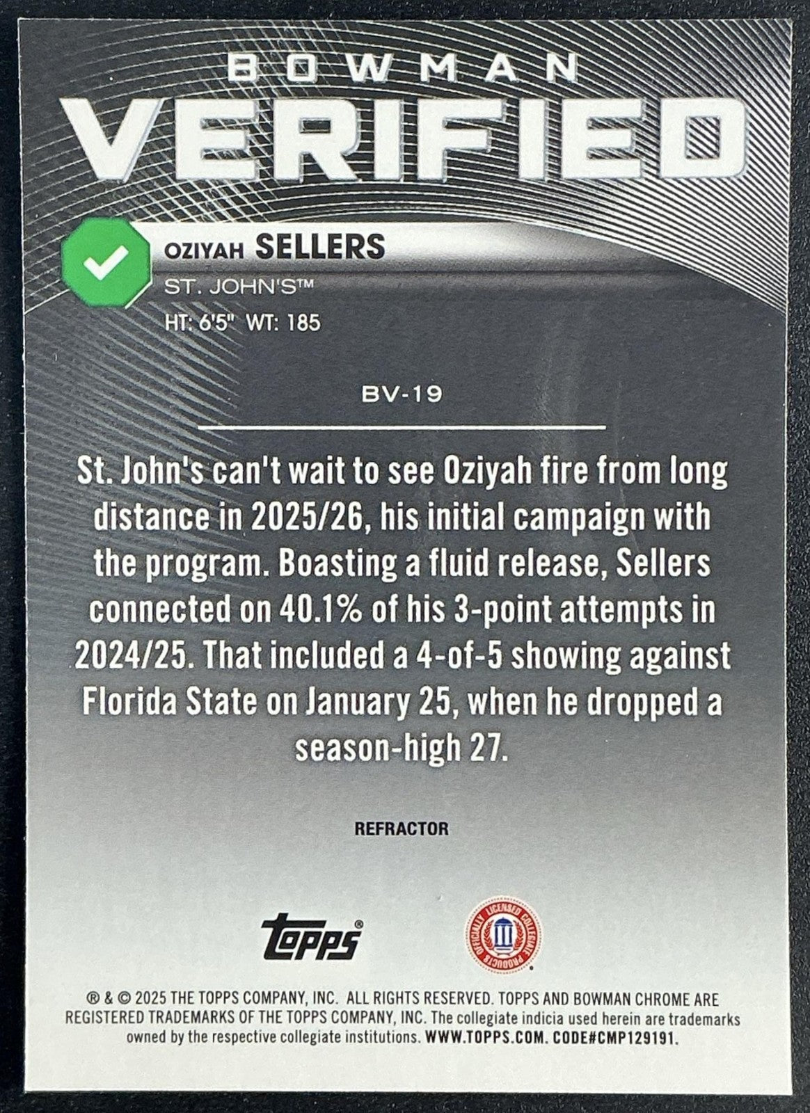 OZIYAH SELLERS 2025-26 BOWMAN #BV-19 CHROME VERIFIED REFRACTOR RED STORM