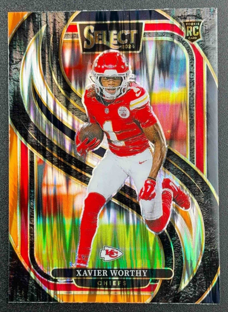 2024 Panini Select Xavier Worthy #119 Premier Black and Orange Prizm Shock RC