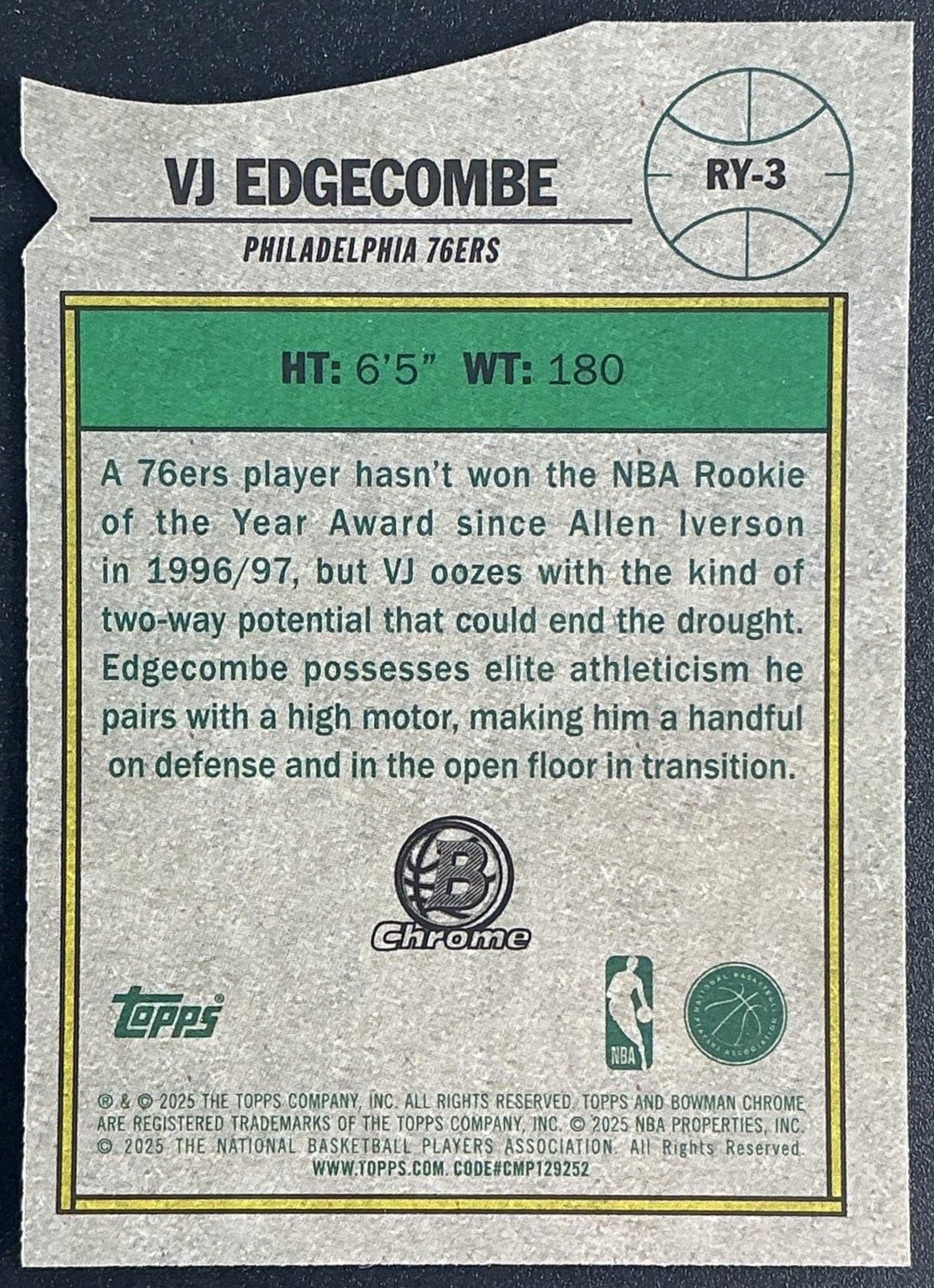 VJ EDGECOMBE 2025-26 BOWMAN #RY-3 ROY FAVORITES CHROME RC 76ERS