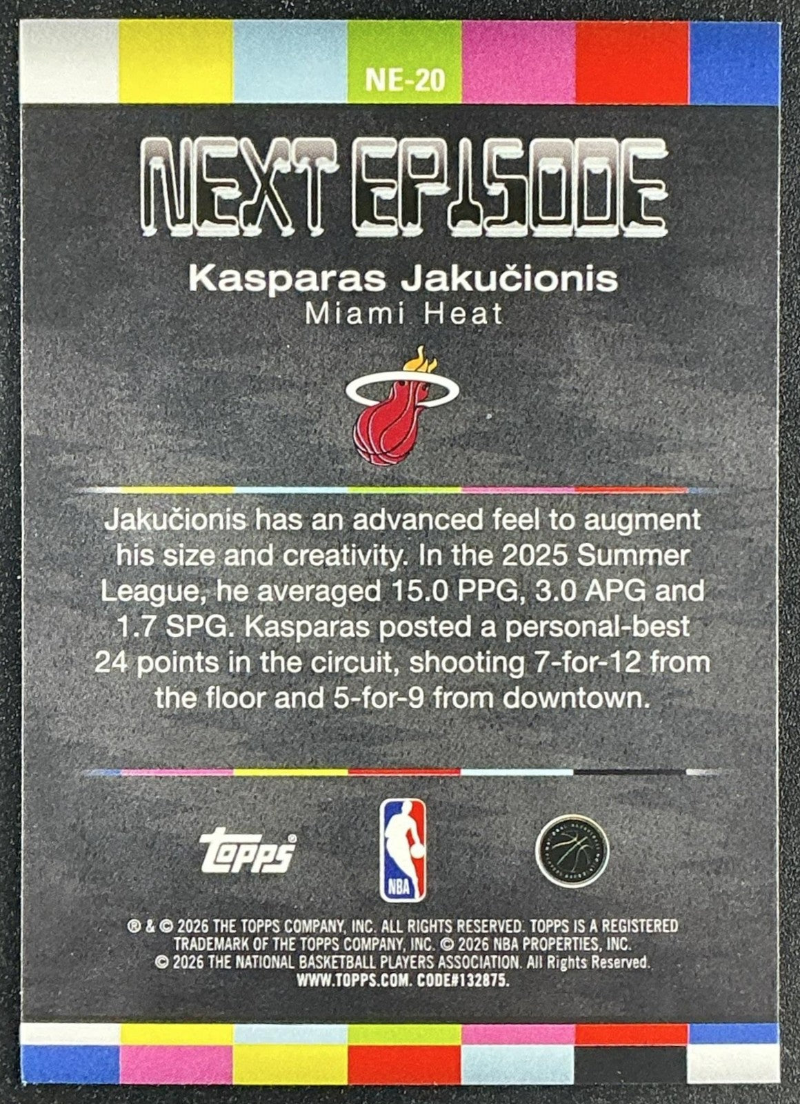 KASPARAS JAKUCIONIS 2025-26 TOPPS HOOPS #NE-20 NEXT EPISODE RAINBOW FOIL RC HEAT