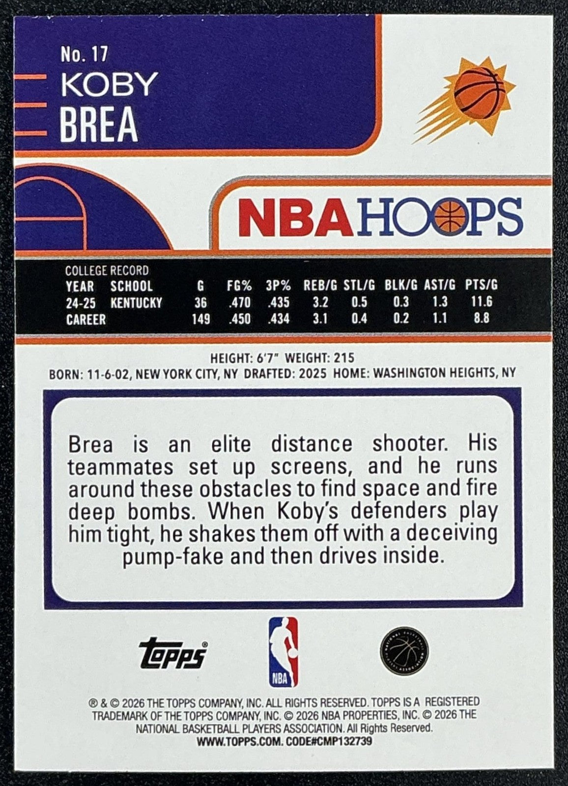 KOBY BREA 2025-26 TOPPS HOOPS #17 RC SUNS