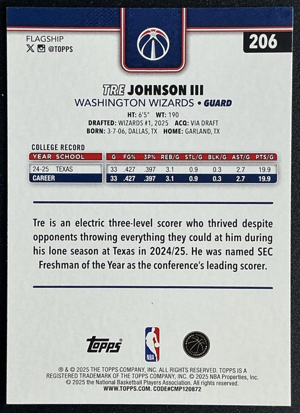 TRE JOHNSON III 2025-26 TOPPS #206 RC WIZARDS