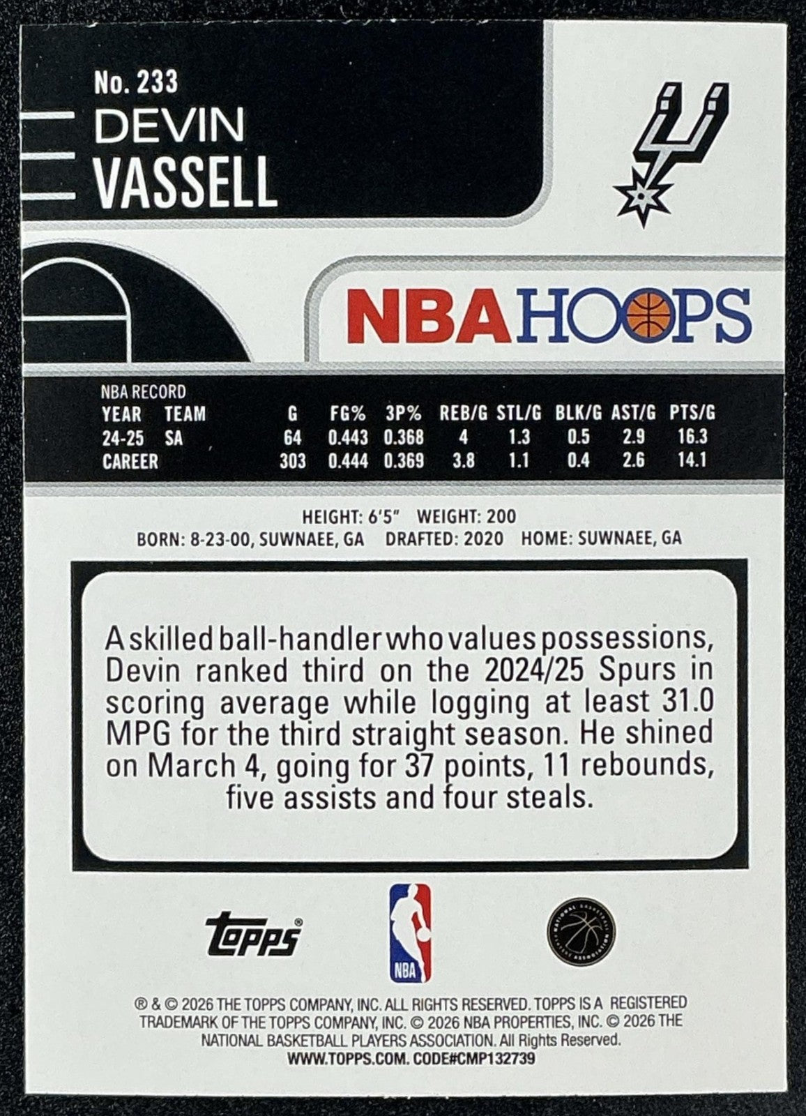 DEVIN VASSELL 2025-26 TOPPS HOOPS #233 LIGHT BURST SPURS