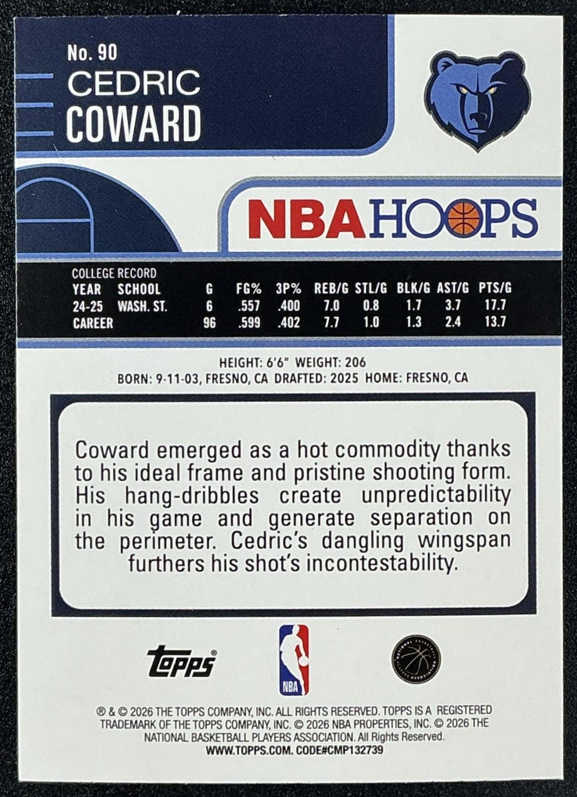 CEDRIC COWARD 2025-26 TOPPS HOOPS #90 RAINBOW FOIL RC GRIZZLIES