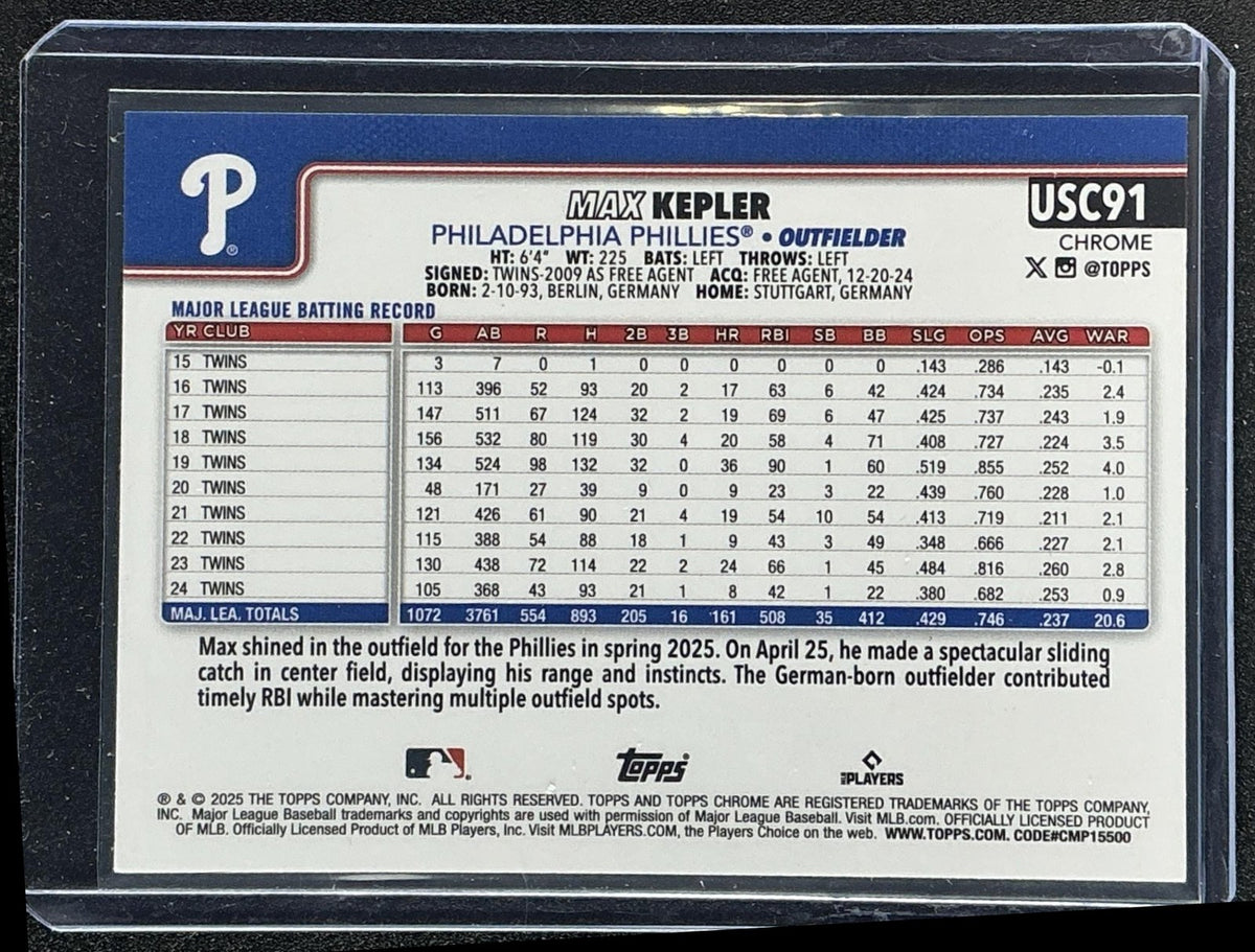 MAX KEPLER 2025 TOPPS CHROME UPDATE #USC91 GREEN REFRACTOR 94/99 PHILLIES