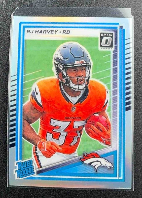 RJ HARVEY 2025 PANINI DONRUSS OPTIC #208 RATED ROOKIE HOLO PRIZM BRONCOS