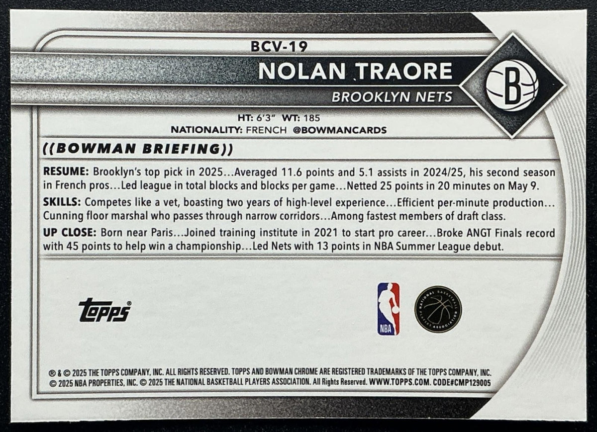 NOLAN TRAORE 2025-26 BOWMAN #BCV-19 CHROME MOJO REFRACTOR RC NETS