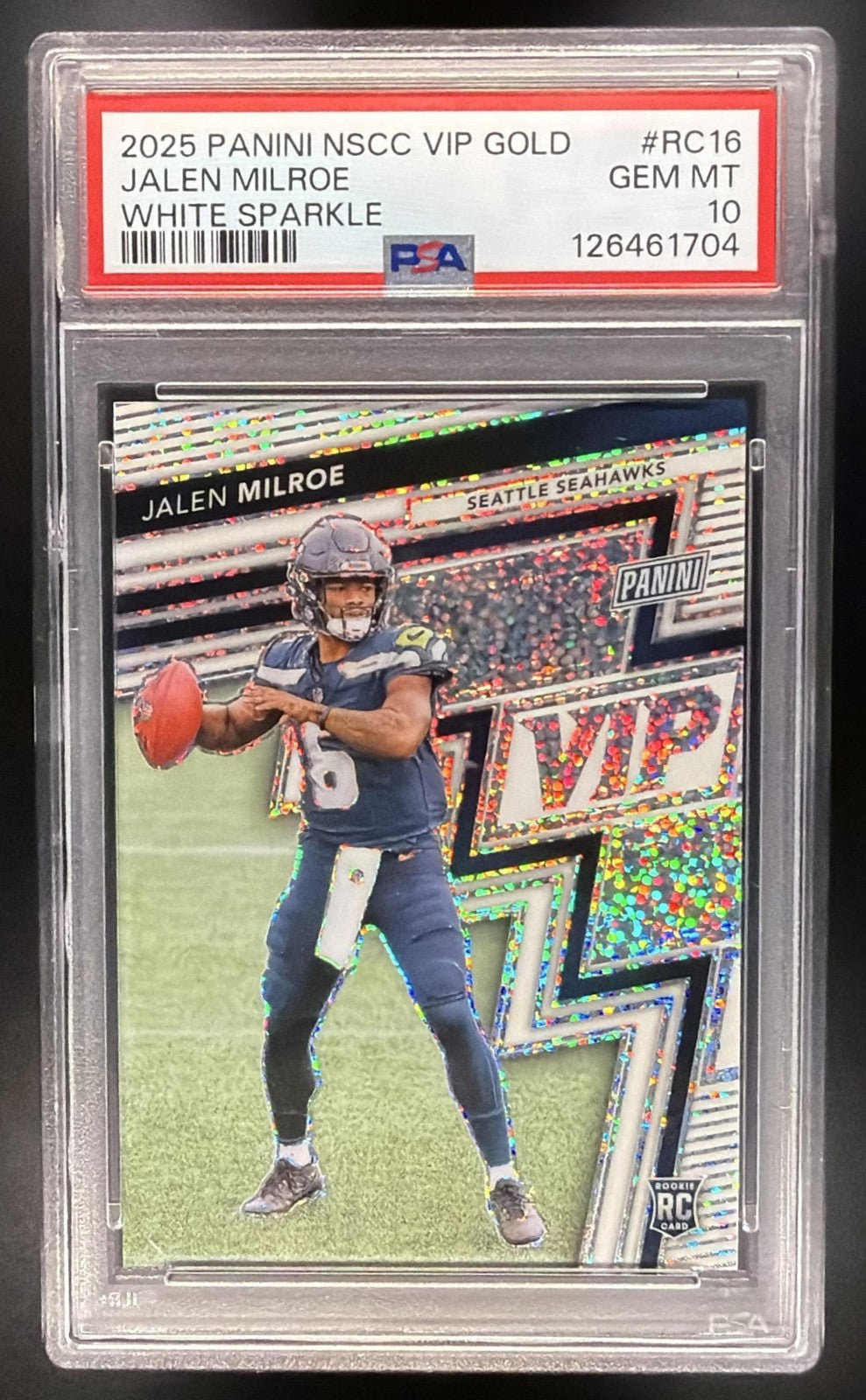 JALEN MILROE 2025 PANINI NSCC VIP GOLD PACKS #RC16 WHITE SPARKLE ROOKIE PSA 10