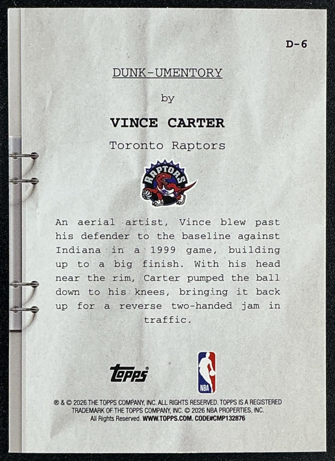 VINCE CARTER 2025-26 TOPPS HOOPS #D-6 DUNK-UMENTORY RAINBOW FOIL RAPTORS