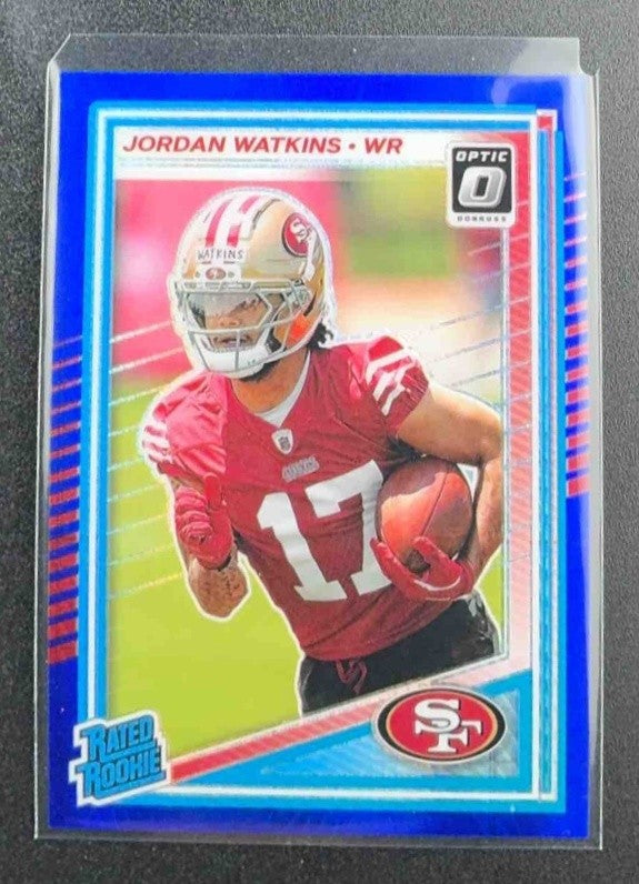 2025 Panini Donruss Optic Jordan Watkins #289 Rated Rookie Blue Hyper Prizm