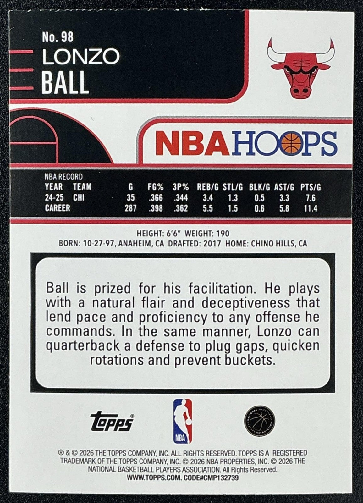 LONZO BALL 2025-26 TOPPS HOOPS #98 LIGHT BURST BULLS