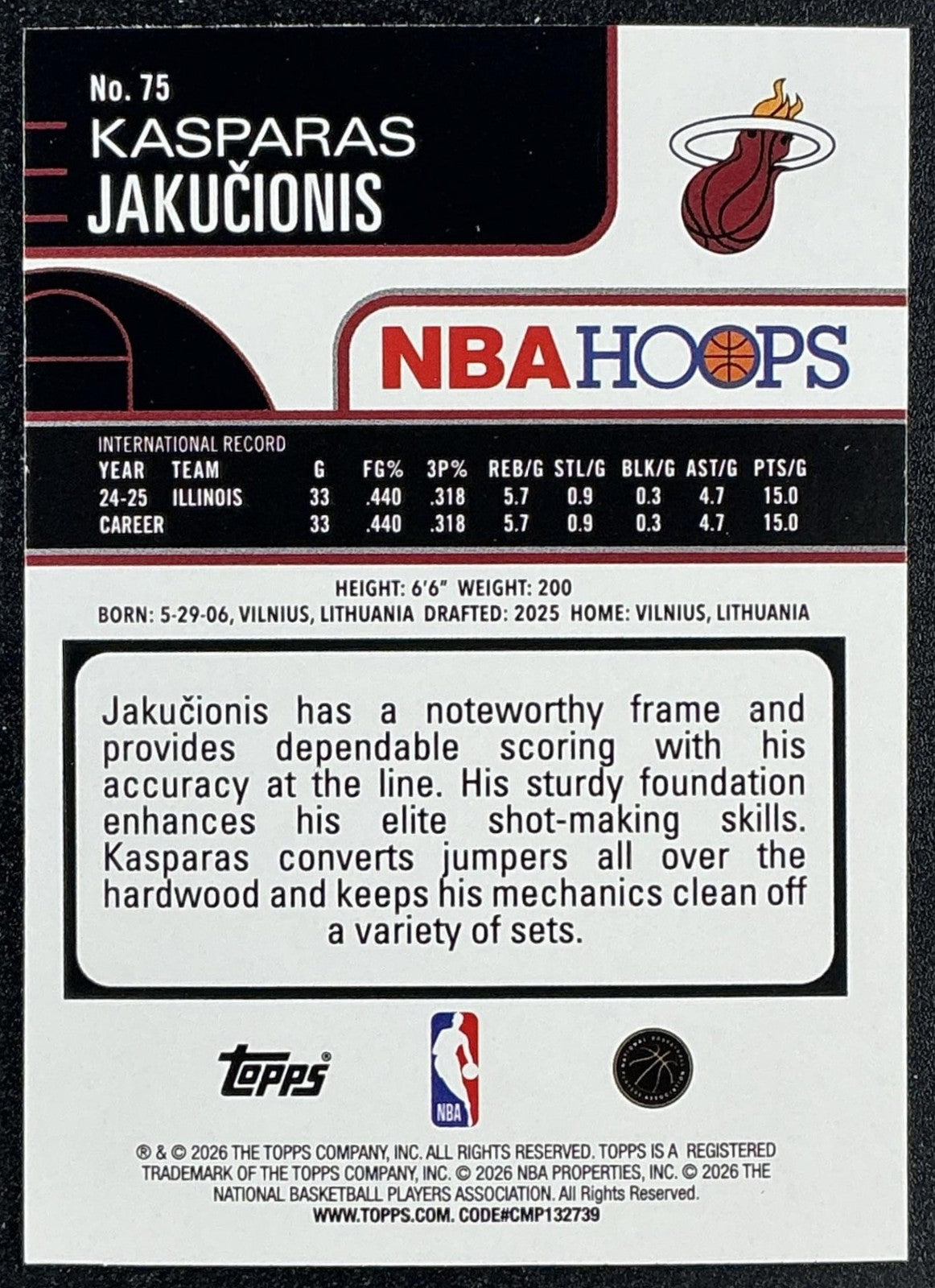 KASPARAS JAKUCIONIS 2025-26 TOPPS HOOPS #75 RC HEAT