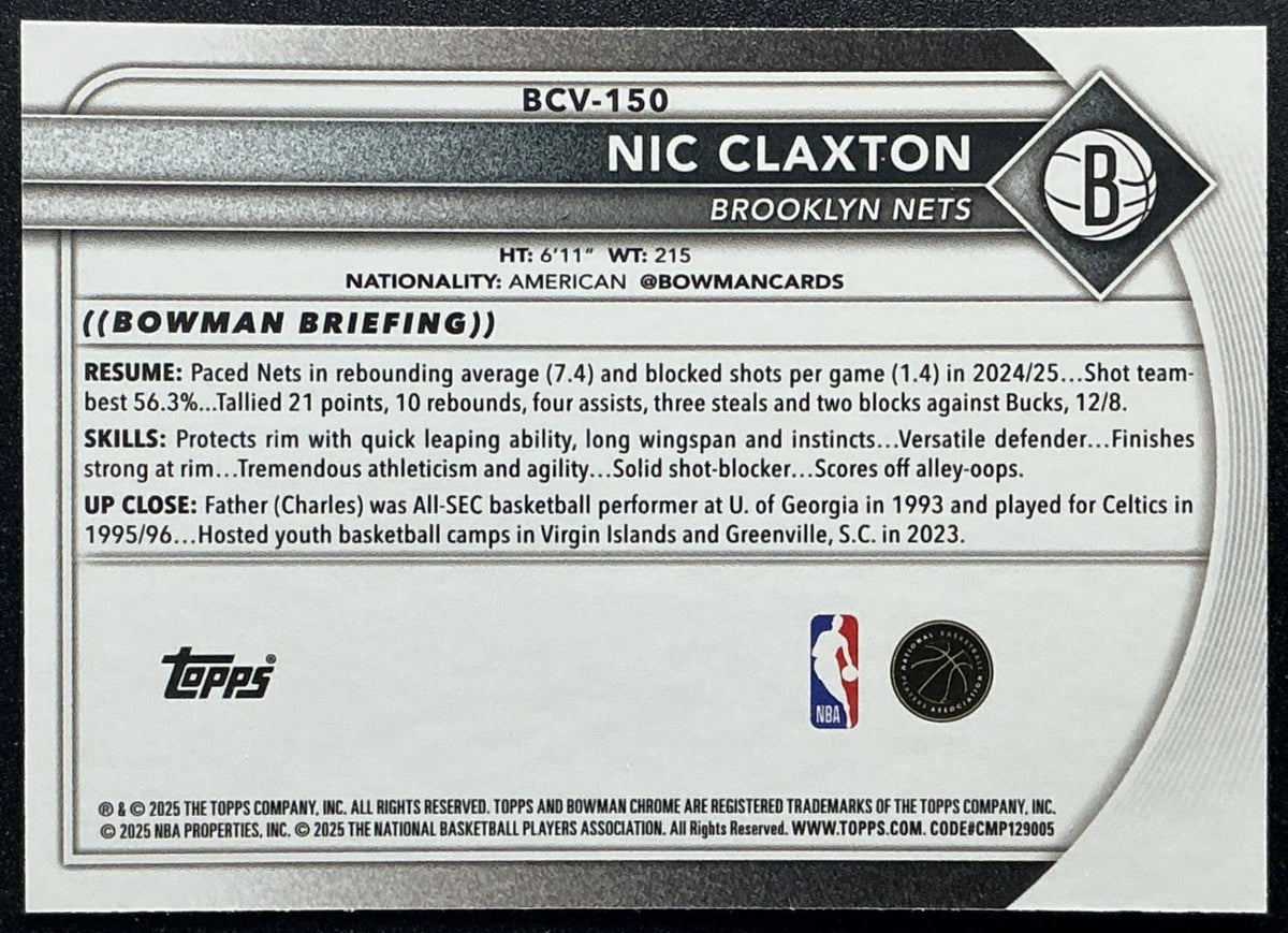 NIC CLAXTON 2025-26 BOWMAN #BCV-150 CHROME MOJO REFRACTOR NETS