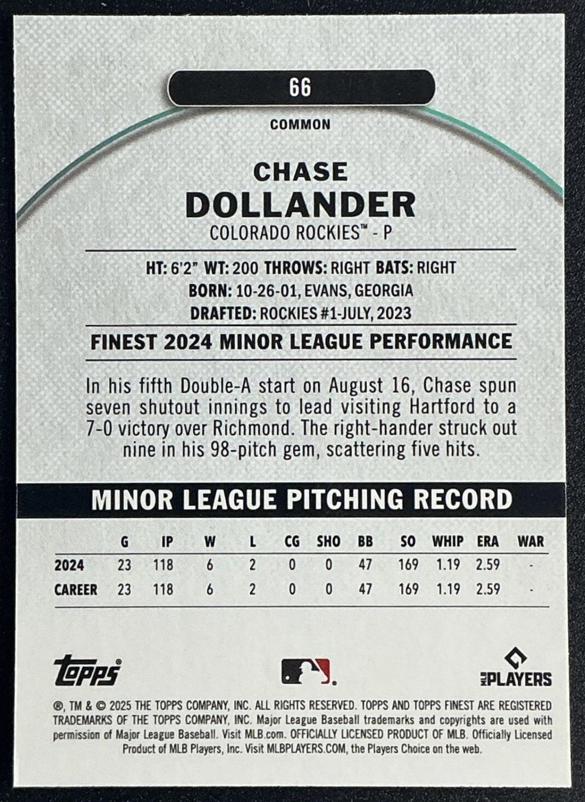 CHASE DOLLANDER 2025 TOPPS FINEST #66 COMMON RC ROCKIES