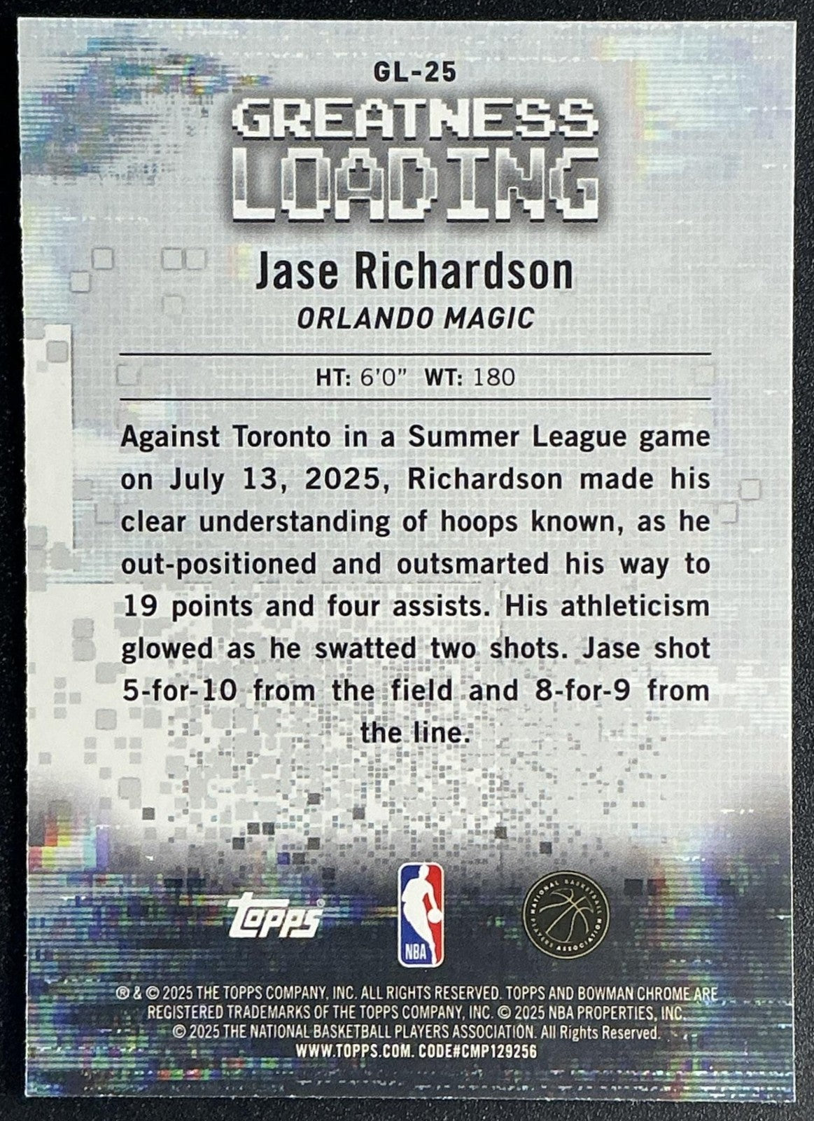 JASE RICHARDSON 2025-26 BOWMAN #GL-25 CHROME GREATNESS LOADING RC MAGIC