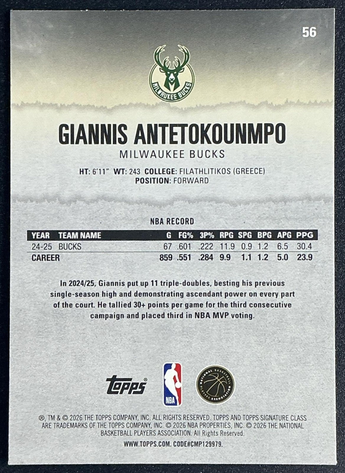 GIANNIS ANTETOKOUNMPO 2025-26 TOPPS SIGNATURE CLASS #56 VETERAN BUCKS