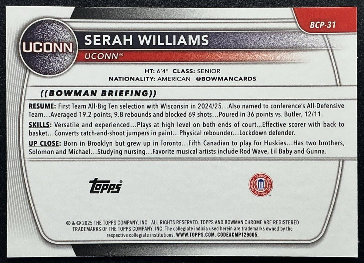 SERAH WILLIAMS 2025-26 BOWMAN #BCP-31 CHROME MOJO REFRACTOR 1ST PROSPECT HUSKIES