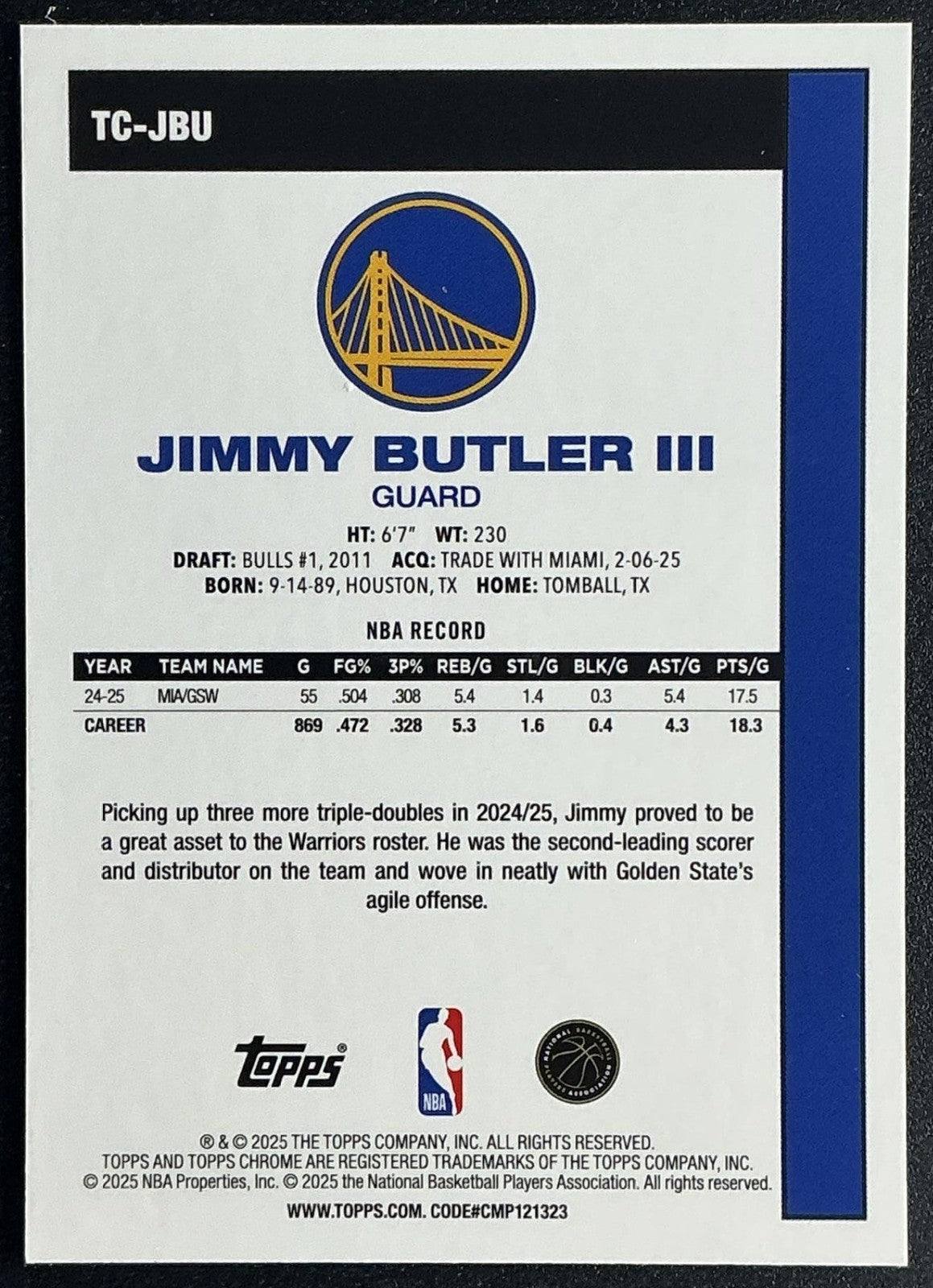 JIMMY BUTLER III 2025-26 TOPPS #TC-JBU 1980-81 CHROME MOJO REFRACTOR WARRIORS