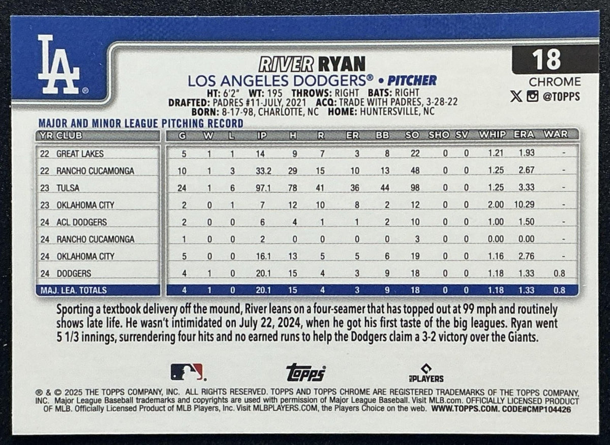 RIVER RYAN 2025 TOPPS CHROME #18 PRISM REFRACTOR RC DODGERS