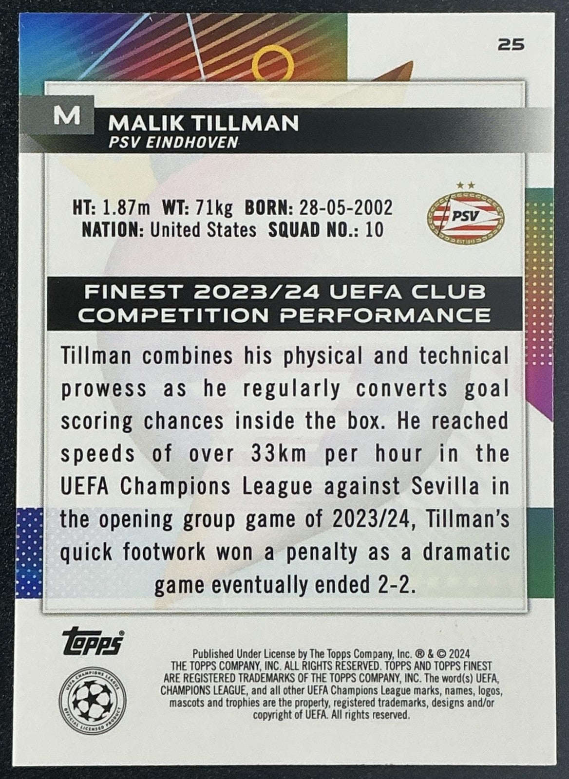 2023 Topps Finest UEFA Club Competitions Malik Tillman #25 Purple /299