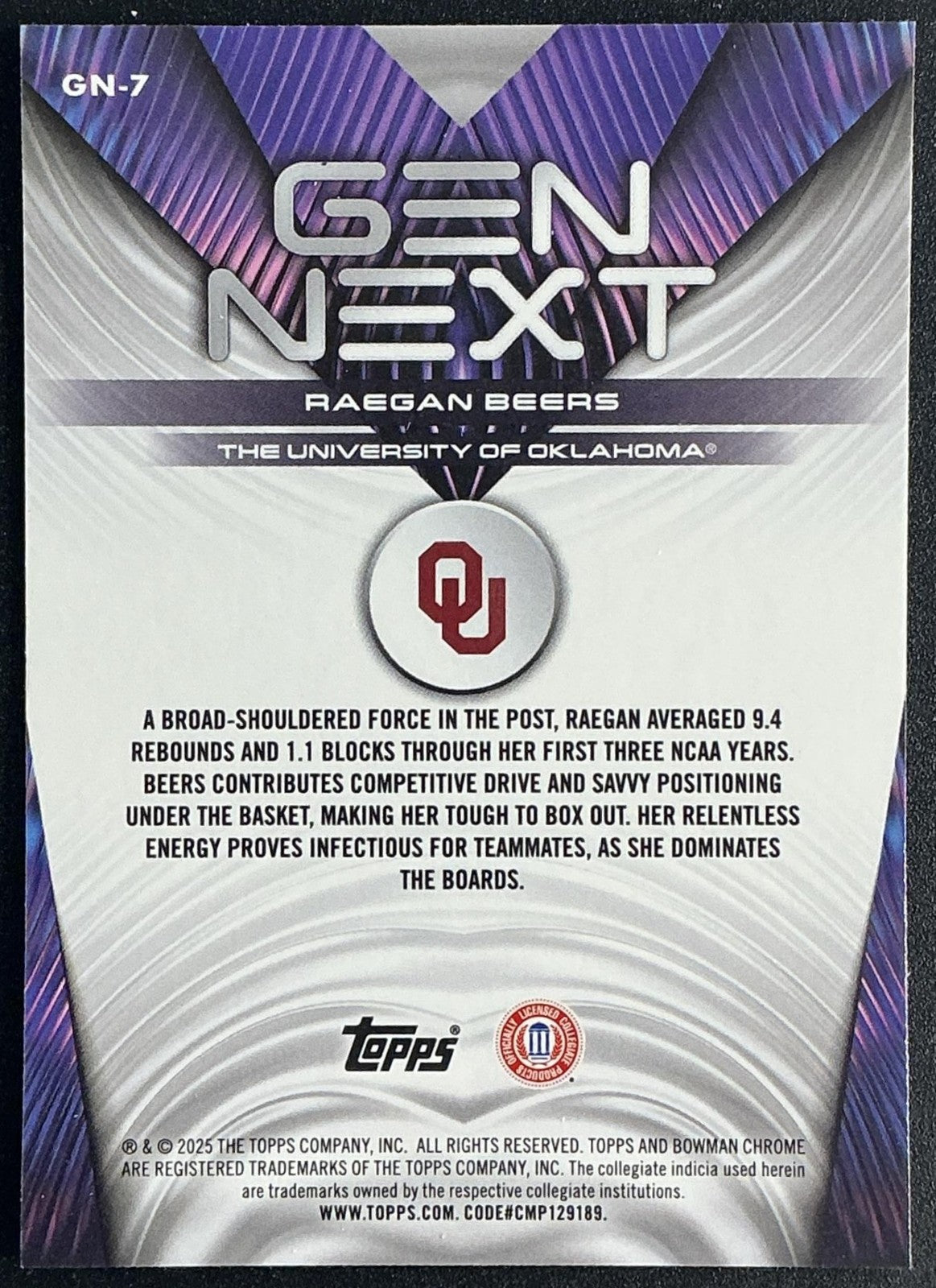 RAEGAN BEERS 2025-26 BOWMAN #GN-7 GEN NEXT CHROME SOONERS