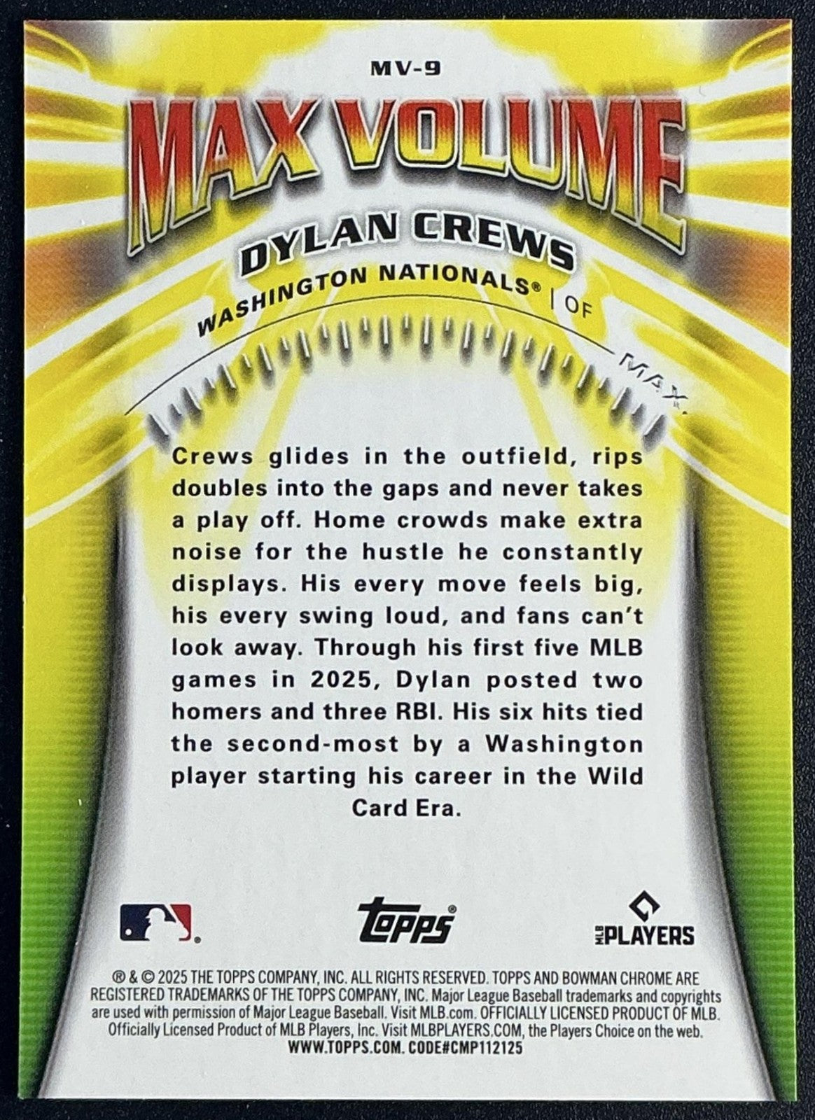 DYLAN CREWS 2025 BOWMAN CHROME #MV-9 MAX VOLUME RC NATIONALS