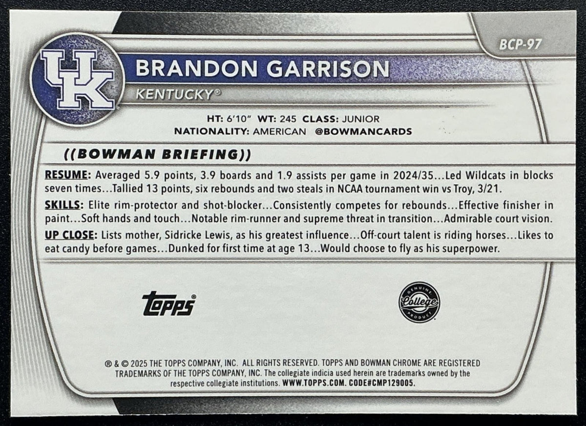 2025 Bowman Brandon Garrison #BCP-97 Chrome Prospects Floorboard Refractor /125