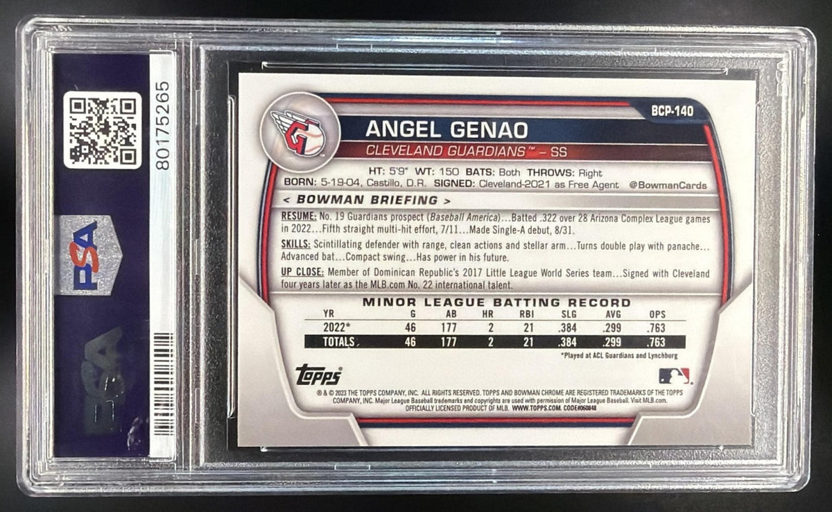 2023 Bowman Sapphire Angel Genao #BCP-140 Chrome Aqua /55 1st Prospect PSA 10