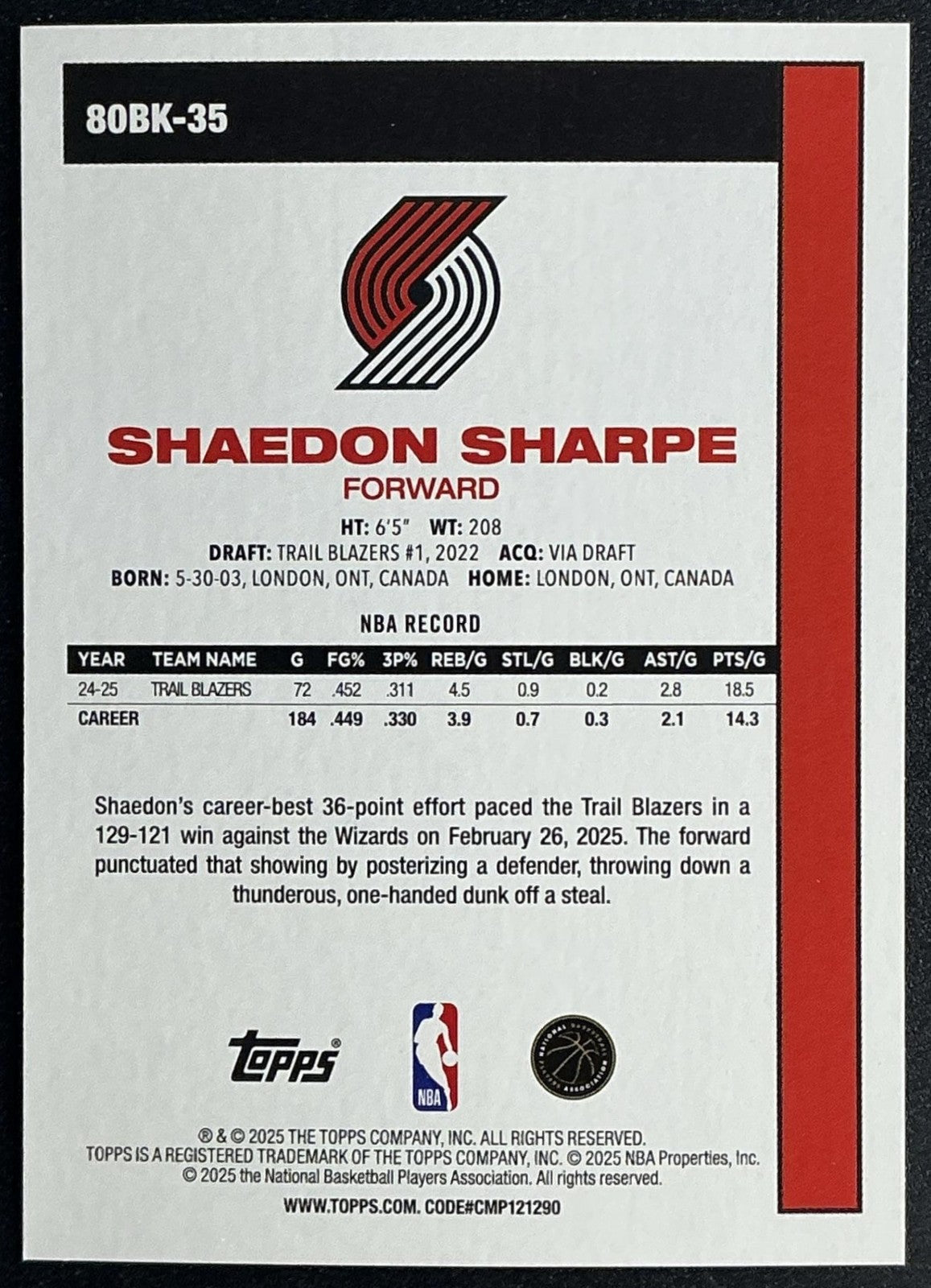 SHAEDON SHARPE 2025-26 TOPPS #80BK-35 1980-81 TRAIL BLAZERS