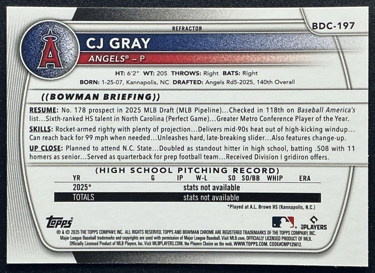 CJ GRAY 2025 BOWMAN DRAFT #BDC-197 CHROME REFRACTOR 1ST PROSPECT ANGELS