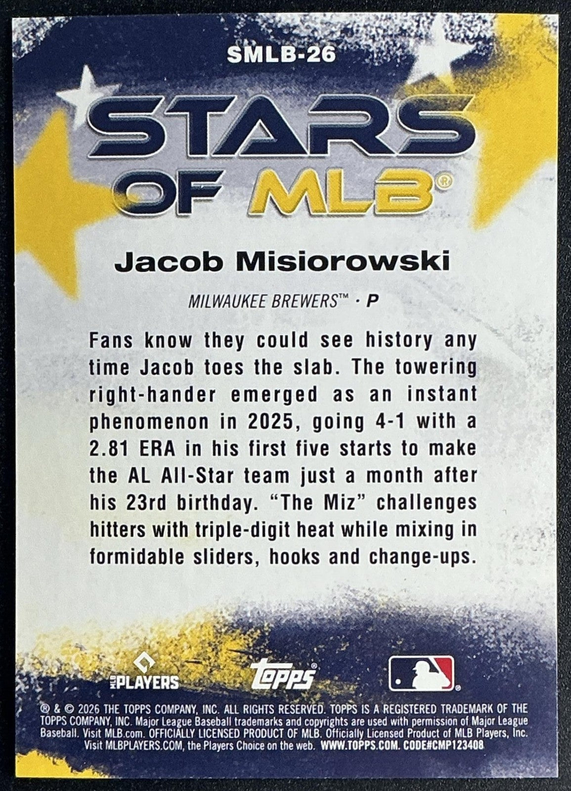 JACOB MISIOROWSKI 2026 TOPPS SERIES 1 #SMLB-26 STARS OF MLB RC BREWERS