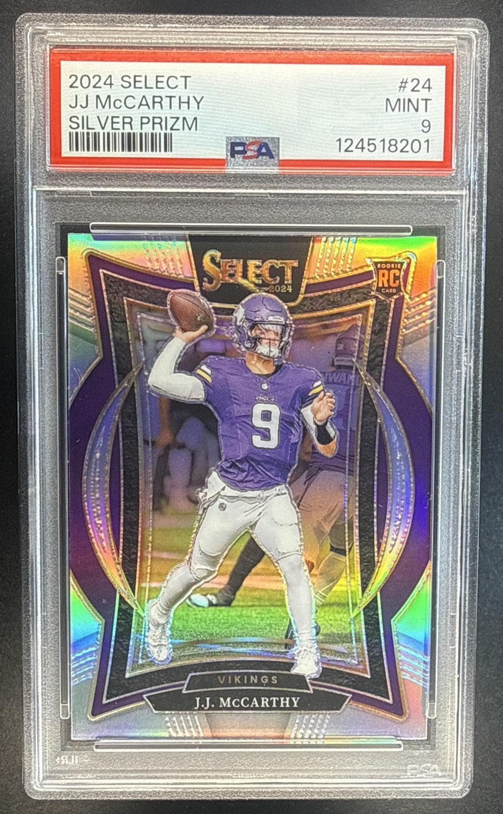 J.J. MCCARTHY 2024 PANINI SELECT #24 CONCOURSE SILVER PRIZM RC VIKINGS PSA 9