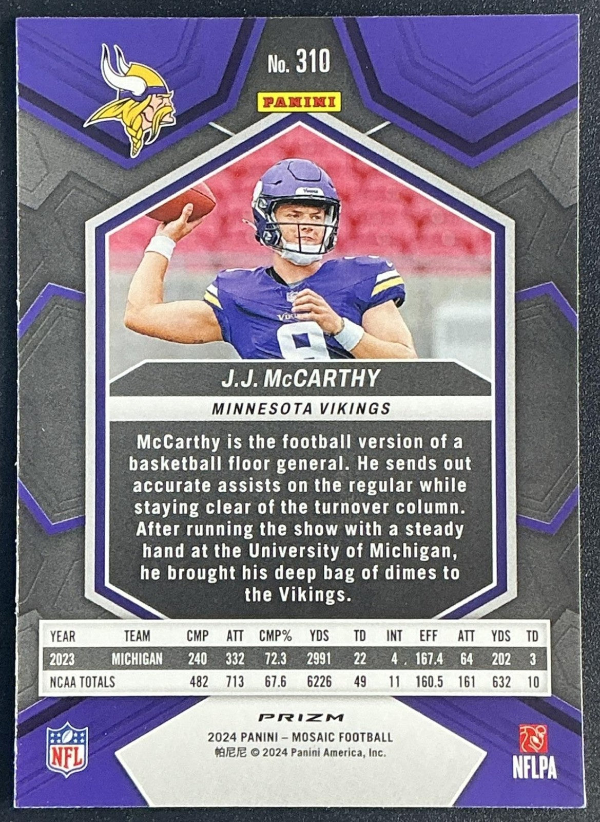 J.J. MCCARTHY 2024 PANINI MOSAIC #310 HONEYCOMB PRIZM RC VIKINGS