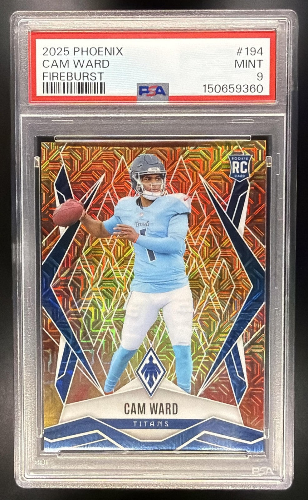 CAM WARD 2025 PANINI PHOENIX #194 FIRE BURST PRIZM 45/350 RC TITANS PSA 9