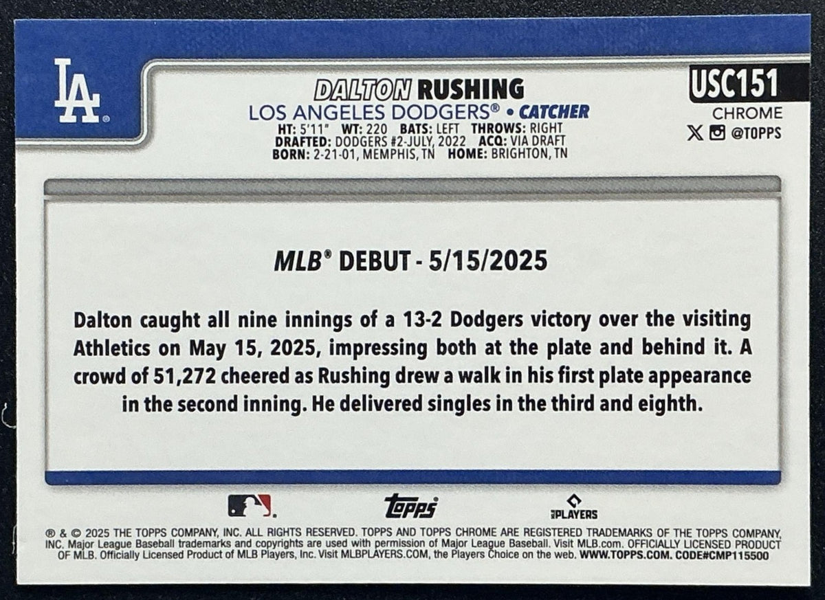 DALTON RUSHING 2025 TOPPS CHROME UPDATE #USC151 TEAL REFRACTOR 75/299 RC DODGERS