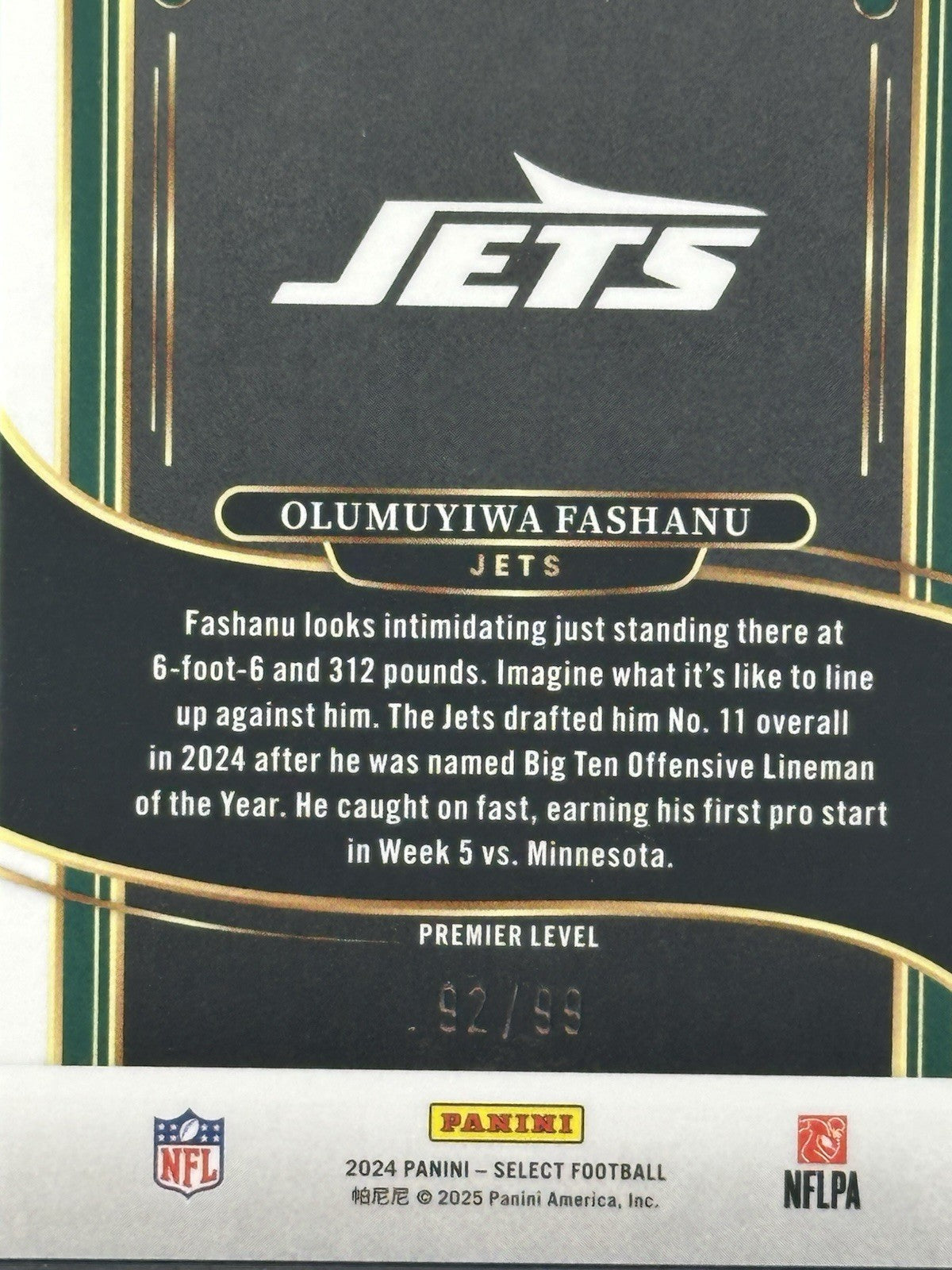OLUMUYIWA FASHANU 2024 SELECT PREMIER LEVEL LIGHT BLUE PRIZM /99 #192 JETS RC