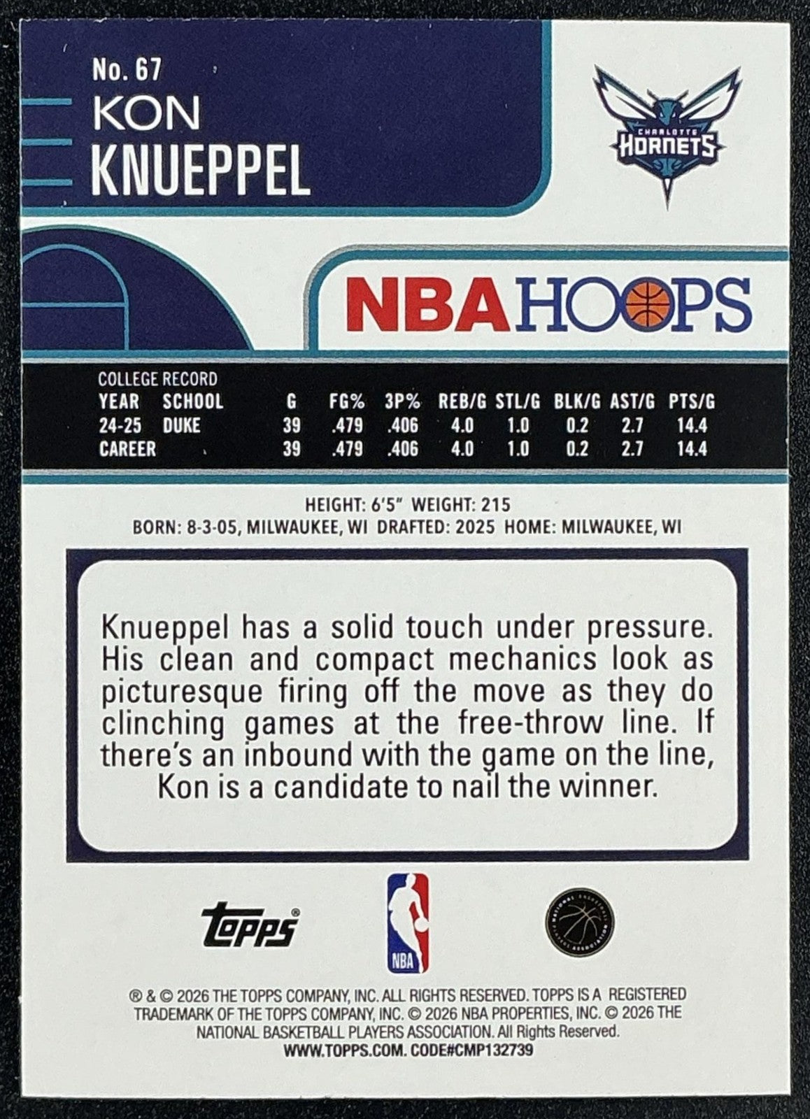 KON KNUEPPEL 2025-26 TOPPS HOOPS #67 RAINBOW FOIL RC HORNETS