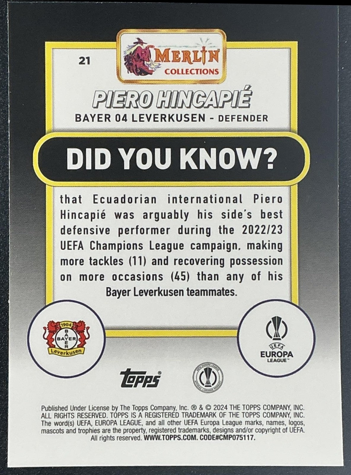 2023 Topps Chrome Merlin Piero Hincapie #21 Blue Shimmer Refractor /75