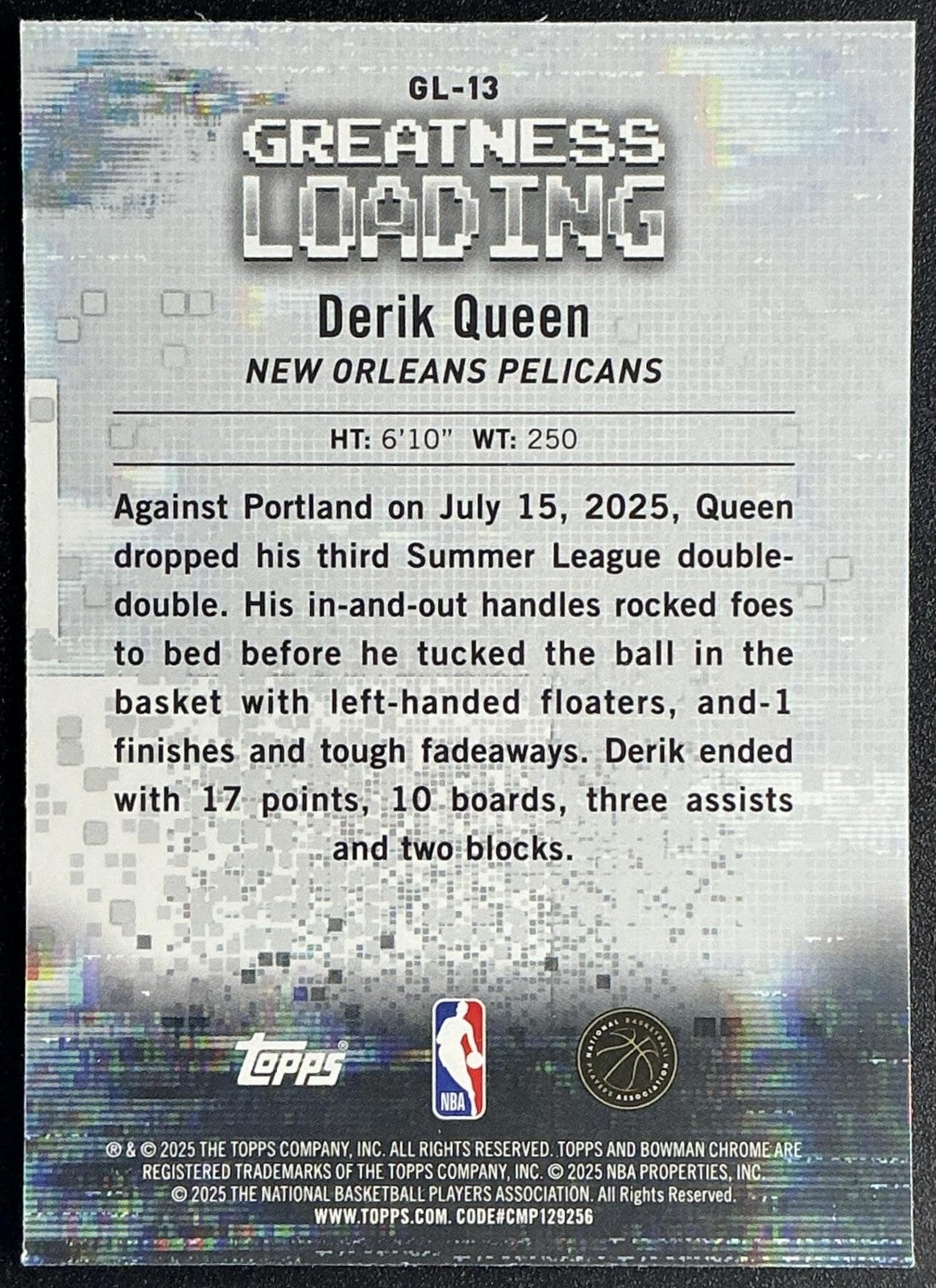 DERIK QUEEN 2025-26 BOWMAN #GL-13 CHROME GREATNESS LOADING RC PELICANS
